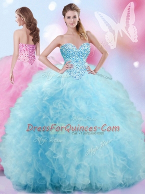 Sleeveless Floor Length Beading and Ruffles Lace Up Quince Ball Gowns with Baby Blue