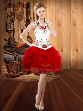 Best Mini Length Ball Gowns Sleeveless Red Dress for Prom Lace Up