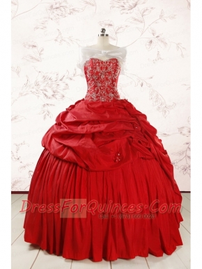 2015 Puffy Sweetheart Beading Quinceanera Dresses in Red