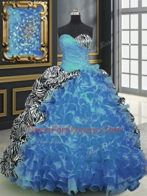 Printed Sleeveless With Train Beading and Ruffles and Pattern Lace Up Quinceanera Dress with Baby Blue Brush Train