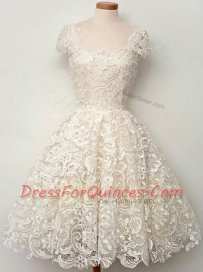 Admirable Scoop Cap Sleeves Lace Knee Length Zipper Evening Dress in White with Lace