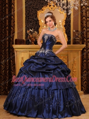 Navy Blue Ball Gown Strapless Floor-length Appliques Taffeta  Quinceanera Dress