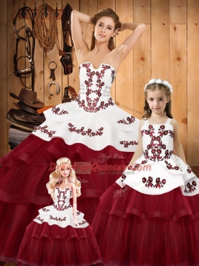 Super Organza Strapless Sleeveless Sweep Train Lace Up Embroidery Quinceanera Gown in Wine Red