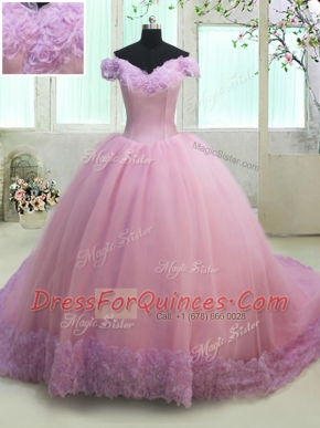 Tulle Off The Shoulder Cap Sleeves Court Train Lace Up Ruching Quince Ball Gowns in Lilac