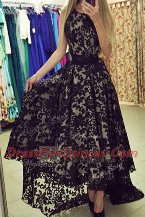 Scoop With Train Black Homecoming Dress Chiffon Brush Train Sleeveless Lace