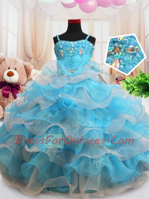 Extravagant Straps Baby Blue Organza Zipper Little Girls Pageant Dress Sleeveless Floor Length Beading and Appliques and Ruffled Layers