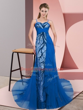 Amazing Blue Sleeveless Tulle Sweep Train Zipper Prom Gown for Prom and Party