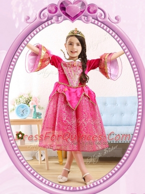 Scoop Tea Length Zipper Flower Girl Dresses for Less Hot Pink for Party and Quinceanera and Wedding Party with Sequins