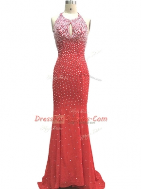 Customized Sleeveless Chiffon Brush Train Criss Cross Evening Dress in Red with Beading