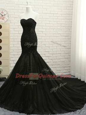 Cheap Lace Up Homecoming Dress Black for Prom and Party with Lace and Appliques Court Train