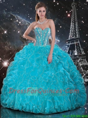 Cheap  Aqua Blue Sweetheart Quinceanera Gowns with Beading and Ruffles