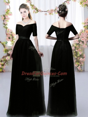 Black Dama Dress Prom and Party and Wedding Party with Ruching Off The Shoulder Short Sleeves Lace Up