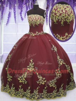 Floor Length Burgundy Quinceanera Dress Tulle Sleeveless Appliques