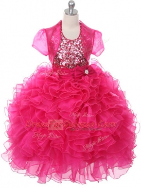 Excellent Hot Pink Little Girls Pageant Dress Wholesale Wedding Party with Ruffles and Sequins and Bowknot Scoop Sleeveless Lace Up
