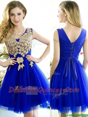 Modest V Neck Short Dama Dresses with Rhinestone and Appliques