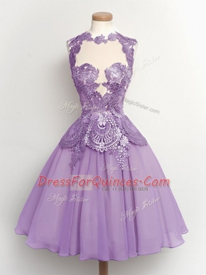 Lavender Sleeveless Lace Knee Length Quinceanera Court Dresses