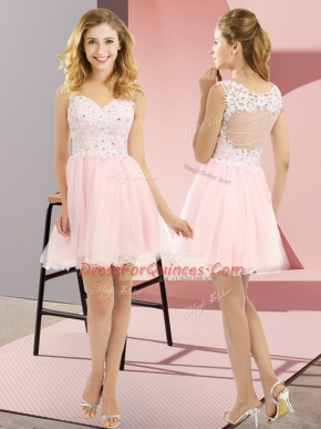 Fantastic V-neck Sleeveless Lace Up Court Dresses for Sweet 16 Baby Pink Tulle
