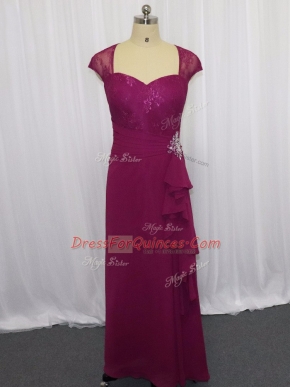 Fuchsia Sweetheart Neckline Beading and Lace and Appliques Evening Dress Cap Sleeves Zipper