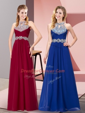 New Arrival Halter Top Sleeveless Dress for Prom Floor Length Beading Wine Red Chiffon