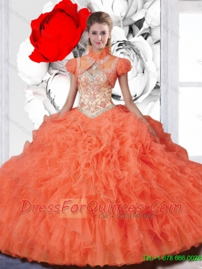 2016 Summer New Arrival Straps Beaded Sweet 16 Dresses in Orange