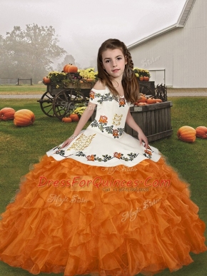Orange Sleeveless Organza Lace Up Little Girls Pageant Gowns for Party and Military Ball and Wedding Party