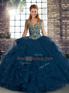 Stunning Ball Gowns Quinceanera Dresses Blue Straps Tulle Sleeveless Floor Length Lace Up