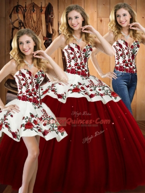 Glamorous Floor Length Wine Red Quinceanera Dresses Satin and Tulle Sleeveless Embroidery