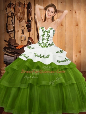 Elegant Lace Up Sweet 16 Dress Olive Green for Military Ball and Sweet 16 and Quinceanera with Embroidery and Ruffled Layers Sweep Train