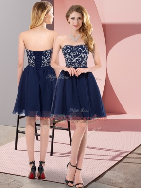 Navy Blue Empire Chiffon Sweetheart Sleeveless Beading Mini Length Lace Up Homecoming Dress