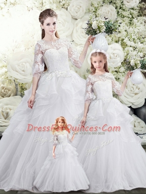 Decent White Half Sleeves Sweep Train Lace and Ruffles Sweet 16 Dresses