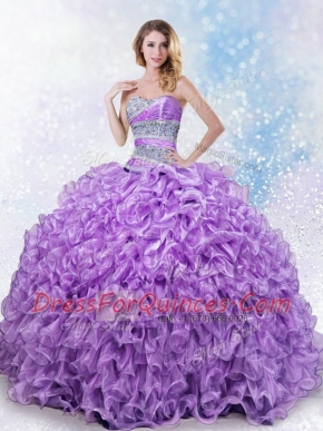 Lavender Sleeveless Organza Lace Up Quinceanera Dress for Military Ball and Sweet 16 and Quinceanera