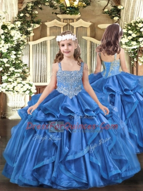 Floor Length Baby Blue Pageant Dress for Teens Organza Sleeveless Beading and Ruffles