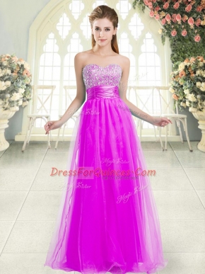 Fancy Tulle Sleeveless Floor Length Prom Dresses and Beading