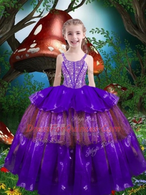Unique Purple Organza Lace Up Pageant Gowns For Girls Sleeveless Floor Length Beading and Ruffled Layers