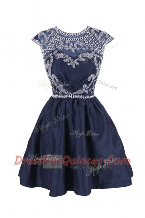 Scoop Satin Cap Sleeves Knee Length Prom Dresses and Beading