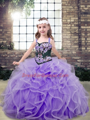 Nice Lavender Sleeveless Embroidery and Ruffles Floor Length Girls Pageant Dresses