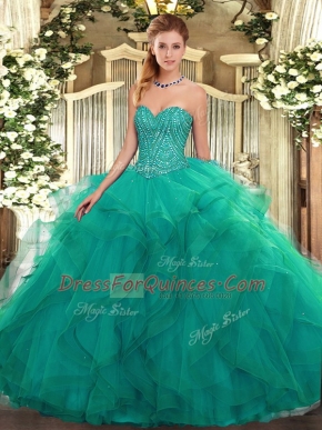 Turquoise Ball Gowns Tulle Sweetheart Sleeveless Beading and Ruffles Floor Length Lace Up Quince Ball Gowns