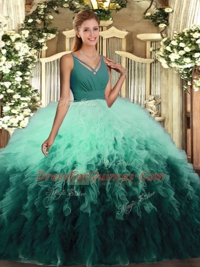 Multi-color Ball Gowns Ruffles 15 Quinceanera Dress Backless Organza Sleeveless Floor Length