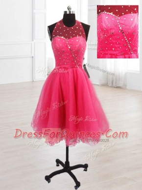 Comfortable Hot Pink Lace Up High-neck Sequins Prom Dresses Organza Sleeveless