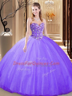 Fitting Lavender Sleeveless Tulle Lace Up Ball Gown Prom Dress for Prom and Military Ball and Sweet 16 and Quinceanera