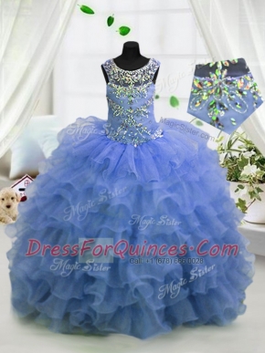 Scoop Sleeveless Organza Floor Length Lace Up Little Girl Pageant Gowns in Light Blue with Beading and Ruffled Layers