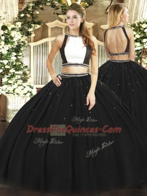 Tulle Halter Top Sleeveless Backless Ruching Sweet 16 Dresses in Black