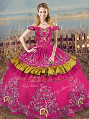 Fuchsia Quinceanera Dress Sweet 16 and Quinceanera with Embroidery Off The Shoulder Sleeveless Lace Up