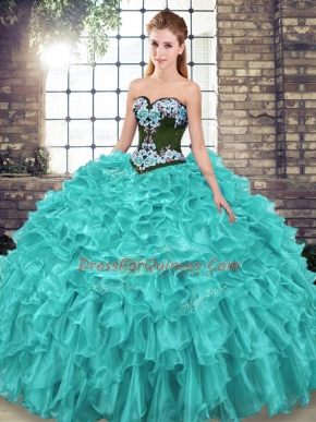 Fashion Turquoise Ball Gowns Embroidery and Ruffles 15th Birthday Dress Lace Up Organza Sleeveless