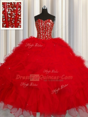 Affordable Visible Boning Sleeveless Floor Length Beading and Ruffles and Sequins Lace Up Sweet 16 Dress with Red
