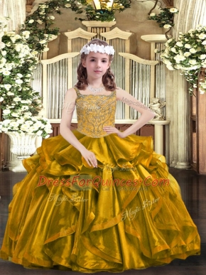 Glorious Brown Straps Neckline Beading and Ruffles Little Girls Pageant Dress Wholesale Sleeveless Lace Up