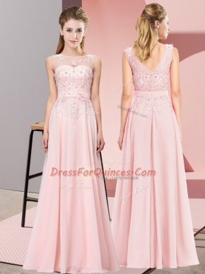 Latest Baby Pink Sleeveless Floor Length Beading and Appliques Zipper Dama Dress