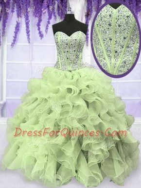 Wonderful Organza Sweetheart Sleeveless Lace Up Beading and Ruffles Quinceanera Gown in Yellow Green
