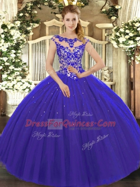 Royal Blue Ball Gowns Beading and Appliques 15 Quinceanera Dress Lace Up Tulle Cap Sleeves Floor Length