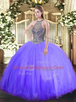 Modest Tulle Halter Top Sleeveless Lace Up Beading Sweet 16 Dress in Lavender